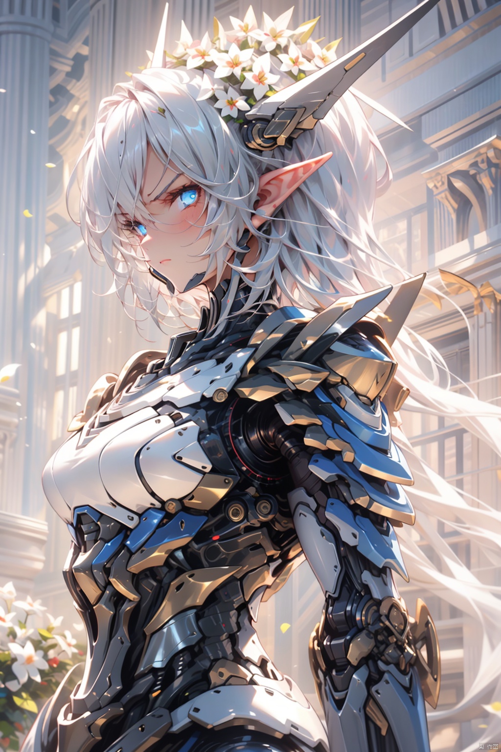  masterpiece, high quality best quality,close up,1girl, Angry, Elf, Princess, Castle, Fantasy, Fiction, Royalty, Regal, Noble, Medieval, Armor, Battle, War, Warrior, Woman, Female, Strong, Powerful, Fierce, Brave, Determined, Resilient, Stoic, Pensive, Moody, Tempestuous, Brooding, Dark, Mysterious, Intense, Dramatic, Gloomy, Eerie, Haunting, Enchanting, Magical, Ethereal, Elven, Pointed Ears, machinery
