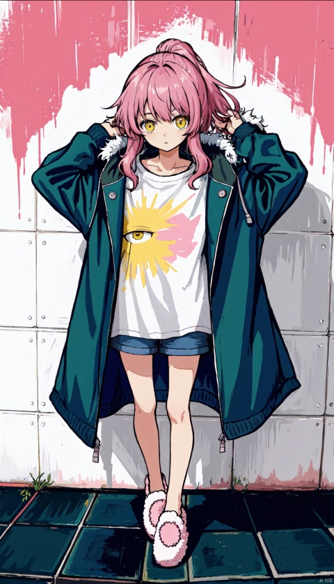  1petite loli, solo.pink hair, long pink hair, (yellow eyes), puffy sleeves, fur-trimmed jacket, hair flower, fipped hair, high ponytail, loose over_sized Casual T-shirt, white shirt, hoodie coat, bare legs, slippers;relaxed, one-eye_closed, adjusting hair, looking at viewer, standing.