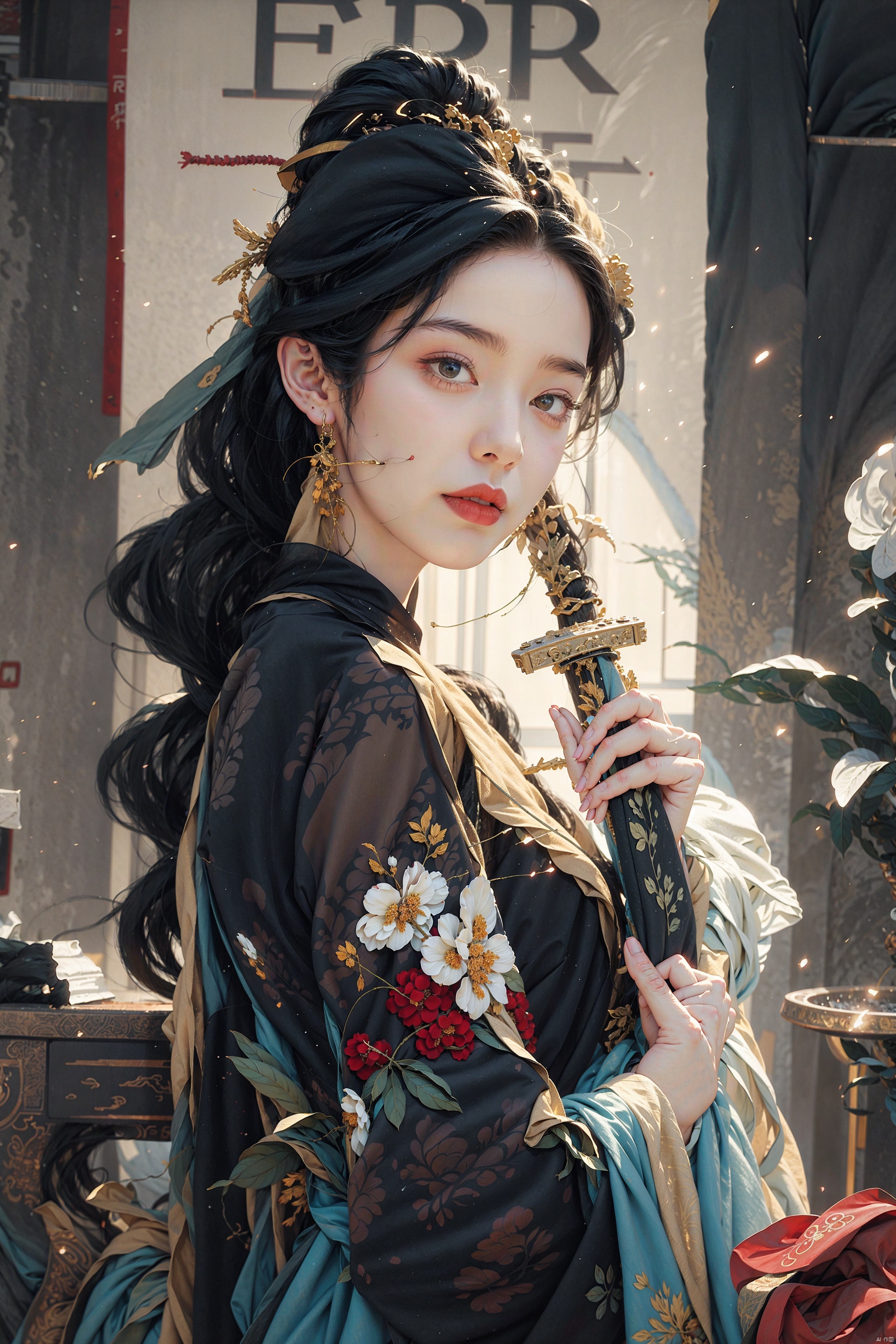  ((masterpiece, best quality)),a girl holding a sword, in the style of dark azure and light azure, mixes realistic and fantastical elements, vibrant manga, uhd image, glassy translucence, vibrant illustrations,