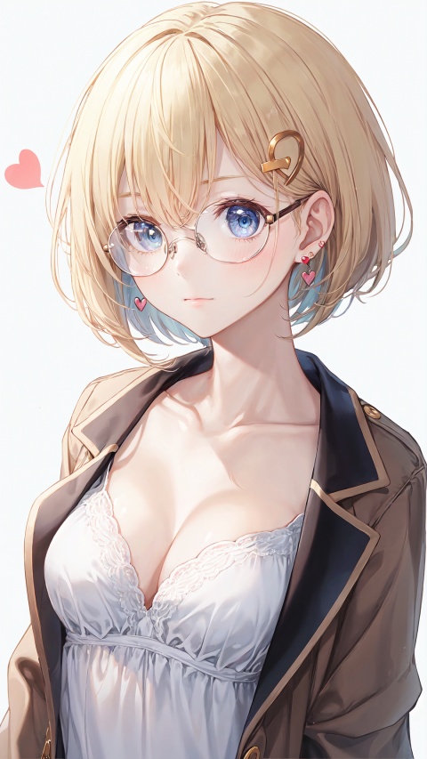  1girl, watson amelia, breasts, virtual youtuber, heart earrings, blonde hair, hair ornament, blue eyes, solo, cleavage, heart, earrings, monocle hair ornament, glasses, jewelry, round eyewear, looking at viewer, bob cut, white background, collarbone, blush, simple background, upper body, large breasts, official alternate hairstyle, bangs, short hair, hairclip, brown jacket, closed mouth, jacket, magnifying glass, shirt, white shirt, medium breasts