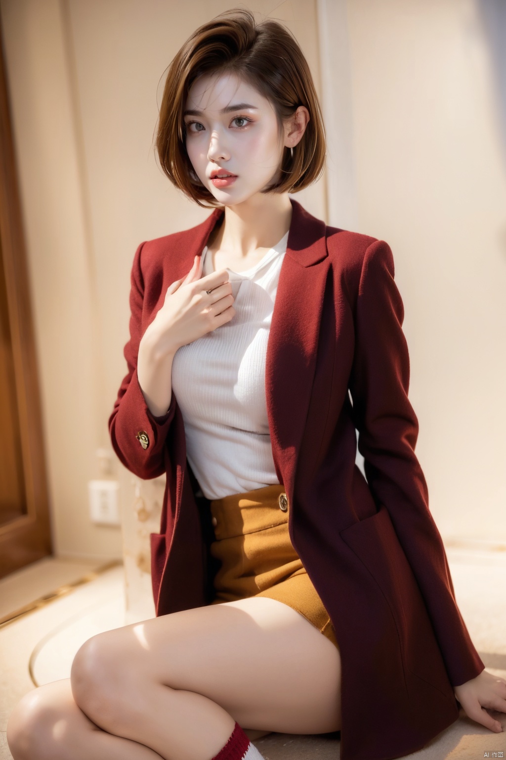  Girl, red wool coat, pretty face, short hair, blonde hair, (photo reality: 1.3) , Edge lighting, (high detail skin: 1.2) , 8K Ultra HD, high quality, high resolution, best ratio of four fingers and one thumb, (photo reality: 1.3) , wearing a red coat, white shirt inside, large breasts, solid color background, solid red background, advanced feeling, texture pull full, 1 girl, xiqing, hszt, xiaxue, dongji