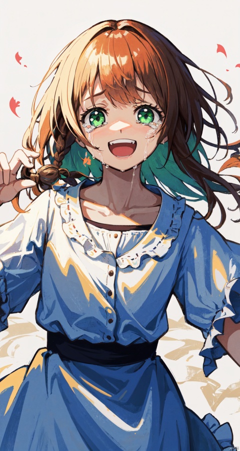  1girl, :d, braid, brown_hair, collarbone, crying, crying_with_eyes_open, dress, frills, green_eyes, holding, long_hair, looking_at_viewer, open_mouth, parted_bangs, smile, solo, tears, teeth, upper_teeth