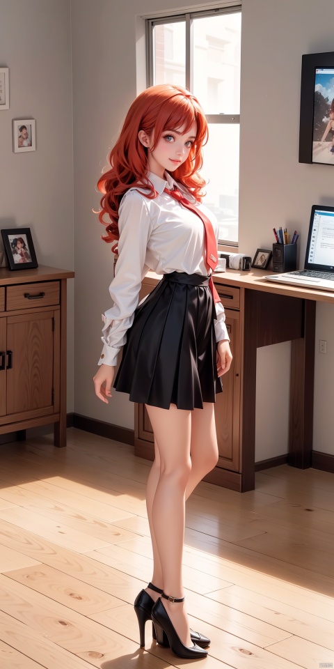 1girl, full body portrait, collared shirt, short skirt, high heels, wavy curls, red hair, bright eyes, smile, standing,official art,unity 8k wallpaper,ultra detailed,beautiful and aesthetic,masterpiece,best quality,extremely detailed,background blur/scatter, frontal view, indoor, office, wooden flooring,natural light, bright, vibrant,colorful, 1girl