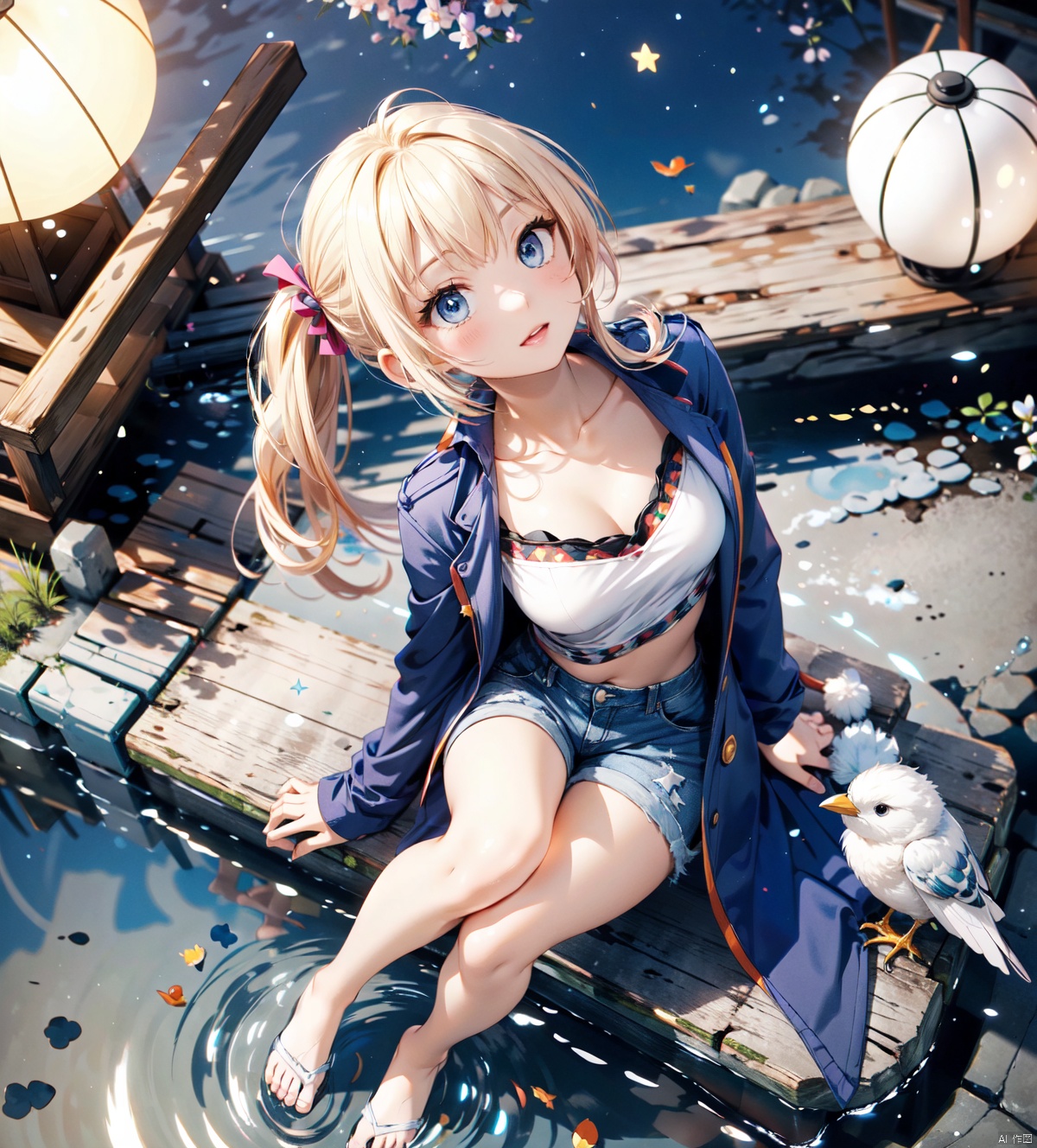  1girl,blonde hair,blue eyes,(very long twin tails,looking up),sharp hair,sitting,rocks,river,((reflection,night,star_(sky))),
stretch hand, (full body,mid shot,depth of field),(birds),(from above:1.2),dark_blue down coat,bare leg,shorts,(blurry background),backlight, xinniang, Chisato and Takina