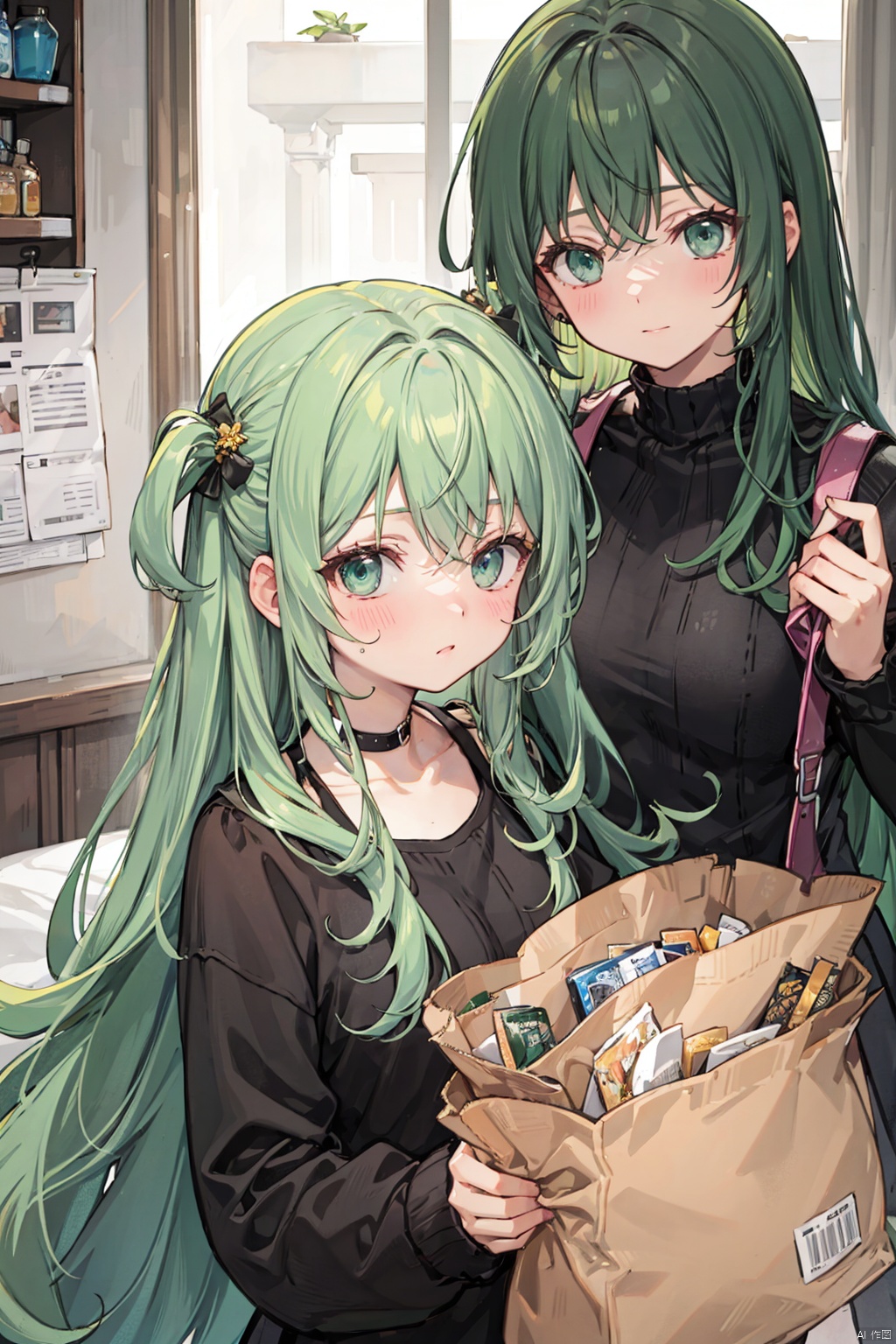  messy hair, dark green hair, very long hair, green eyes, bags under eyes,