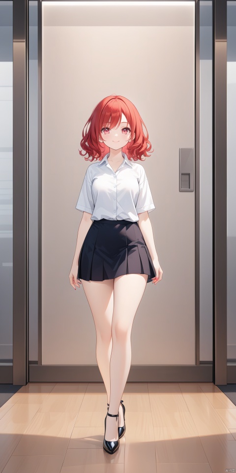 1girl, full body portrait, collared shirt, short skirt, high heels, wavy curls, red hair, bright eyes, smile, standing,official art,unity 8k wallpaper,ultra detailed,beautiful and aesthetic,masterpiece,best quality,extremely detailed,background blur/scatter, frontal view, indoor, office, wooden flooring,natural light, bright, vibrant,colorful, 1girl