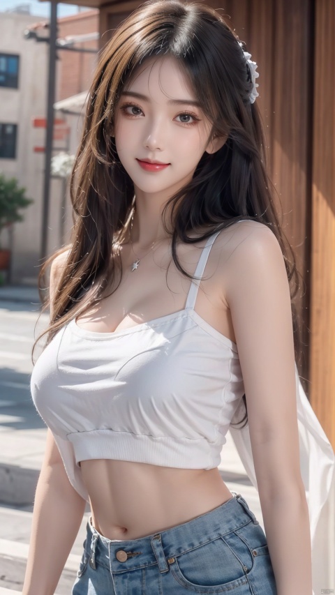  Masterpiece, Best Quality, CG, (Pretty Girl), (School Uniform), (White Ultra Short Open Navel T-shirt), (Cowboy Ultra Short Strap Pants), Smile, (Tight Clothes), Perfect Body, Upper Body, (Showing Skin Texture), Brown Hair, (Huge Chest), Tight Clothes, (Transparent), (Brilliant Light and Shadow), Backlight, (Virtual Background), (Exquisite Facial Features), Exquisite Hairstyle, Ultra Fine, Close to the Audience, Pay attention to facial details, (fine facial depiction), (ultimate details), 8K, Nebula, 21yo girl