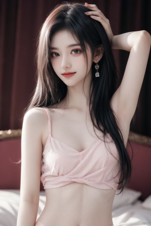  1girl ,upper part of the body,blue eyes,armpits, underwear,Small breasts, earrings, lighting, blurred background, Hourglass body shape,hotel,xuxin,armpits,earrings,lighting,blurred background, hotel, on bed, xuxin, , smile ,moyou, jujingyi, bj_Devil_angel,Big chest,Pink dress,Show your navel