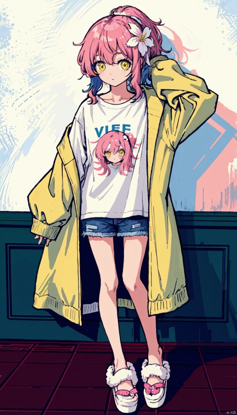  1petite loli, solo.pink hair, long pink hair, (yellow eyes), puffy sleeves, fur-trimmed jacket, hair flower, fipped hair, high ponytail, loose over_sized Casual T-shirt, white shirt, hoodie coat, bare legs, slippers;relaxed, one-eye_closed, adjusting hair, looking at viewer, standing.