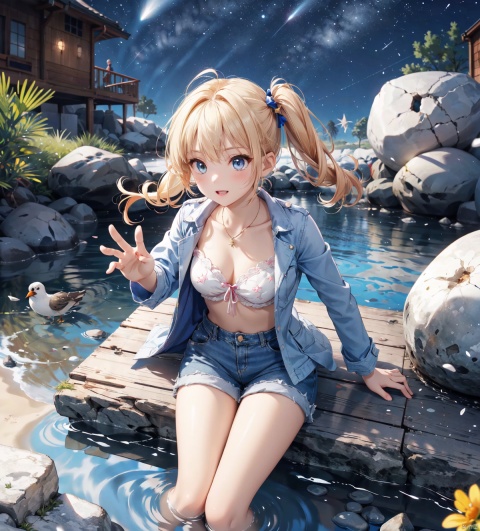  1girl,blonde hair,blue eyes,(very long twin tails,looking up),sharp hair,sitting,rocks,river,((reflection,night,star_(sky))),
stretch hand, (full body,mid shot,depth of field),(birds),(from above:1.2),dark_blue down coat,bare leg,shorts,(blurry background),backlight, xinniang, Chisato and Takina