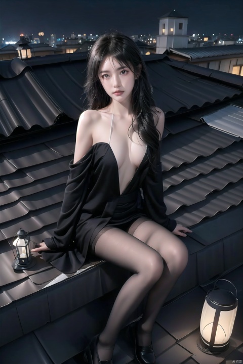 (1girl:0.6),thin,very long hair,grey hair,deep grey hair end,grey eyes,(detailed eyes),small breasts,black coat,white lining,white skirt,socks,shoes,closed mouth,(sad), star hairpin,Bow head,{white flower},((((dark night)))),(((no light))),(((Sitting on the roof))),(((a hand lantern on roof))),dark scape,masterpiece,best quality,official art,extremely detailed CG unity 8k wallpaper,cozy anime, 1girl, bare shoulders, black pantyhose