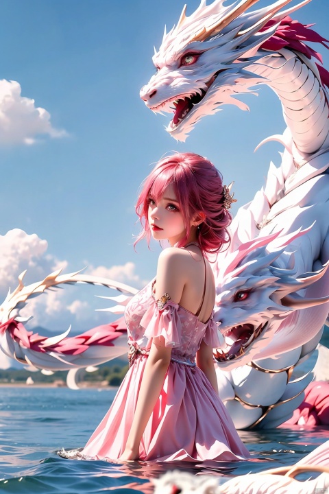  (Ultra wide angle lens), viewed from below,1girl,Wide angle lens, pink dress, bare shoulders,hair between eyes, outdoor, pink hair, sky, solo, wading, (white dragon), 1girl