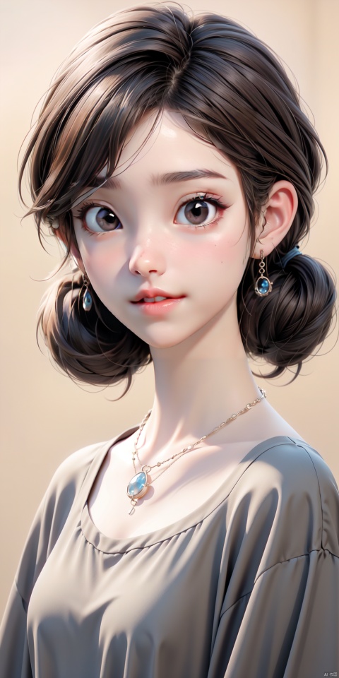  1girl, solo, looking at viewer, bangs, brown hair, black hair, hair ornament, twintails, jewelry, upper body, necklace, black eyes, lips, realistic