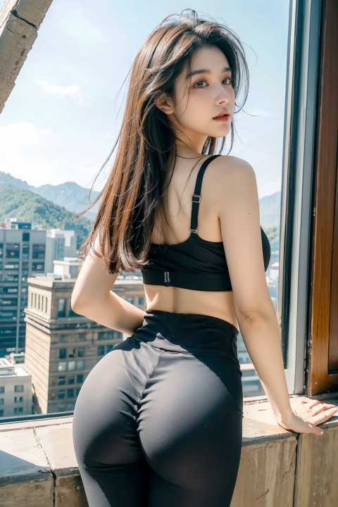  best quality, hyper realism, (ultra high resolution), masterpiece, 8K, RAW Photo,1girl,outdoor,(beautiful face:1.5),see throug,90s, Long hair reaching the waist, (Straight breasts:1.5),(Yoga pants:1.3),(From behind:1.3)In the morning, Morning meditation, Connecting with nature,At the mountaintop,(Bird's-eye View of the City Panorama)(Peach buttocks),(Pose)