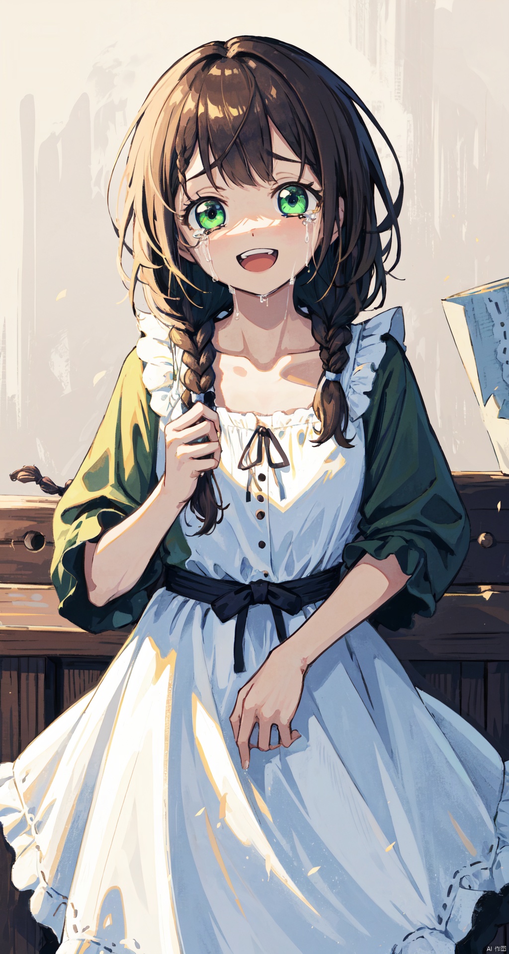  1girl, :d, braid, brown_hair, collarbone, crying, crying_with_eyes_open, dress, frills, green_eyes, holding, long_hair, looking_at_viewer, open_mouth, parted_bangs, smile, solo, tears, teeth, upper_teeth