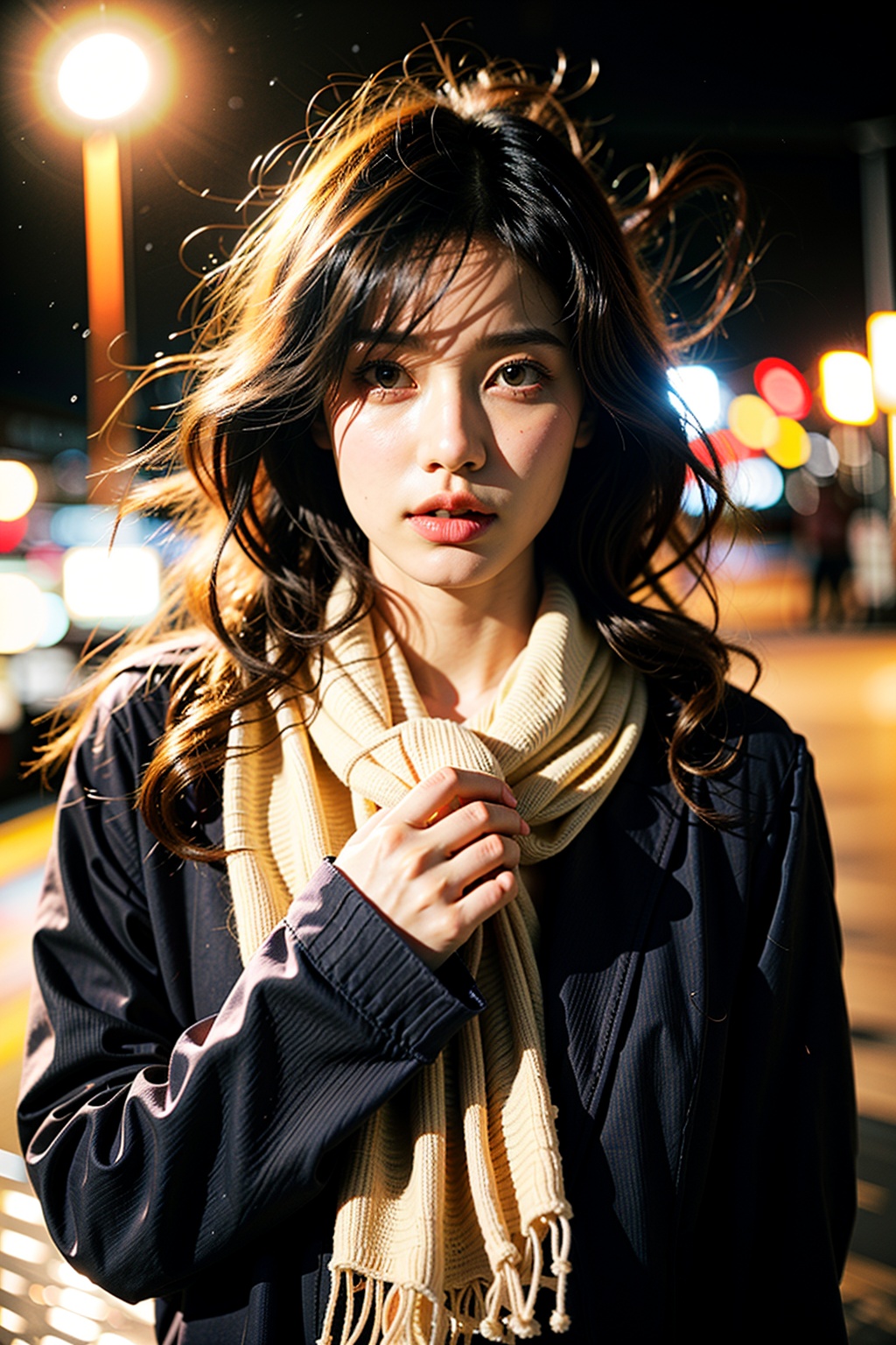  a girl,red wavy long curly hair, beautiful and detailed eyes, scarf, sweater, winter, snowing, standing under the street lamp, upper body, night, night, backlighting,kamisama, 1girl,moyou