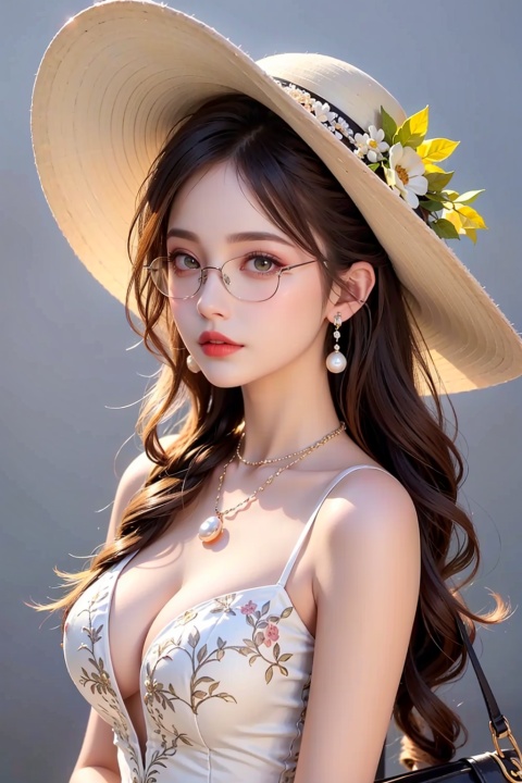  (masterpiece, 4k, best quality, highly detailed, 1girl, solo),1girl, jewelry, breasts, solo, hat, earrings, white headwear, black hair, cleavage, dress, necklace, looking at viewer, flower, white dress, black flower, long hair, braid,black rose, upper body, parted lips, rose, bangs, collarbone, grey background, sun hat, medium breasts, yellow eyes, pearl necklace, large breasts, see-through, hair between eyes, brown eyes, hat flower, blush, midjourney, Colorful portraits, eyeglasses,glasses,handbag