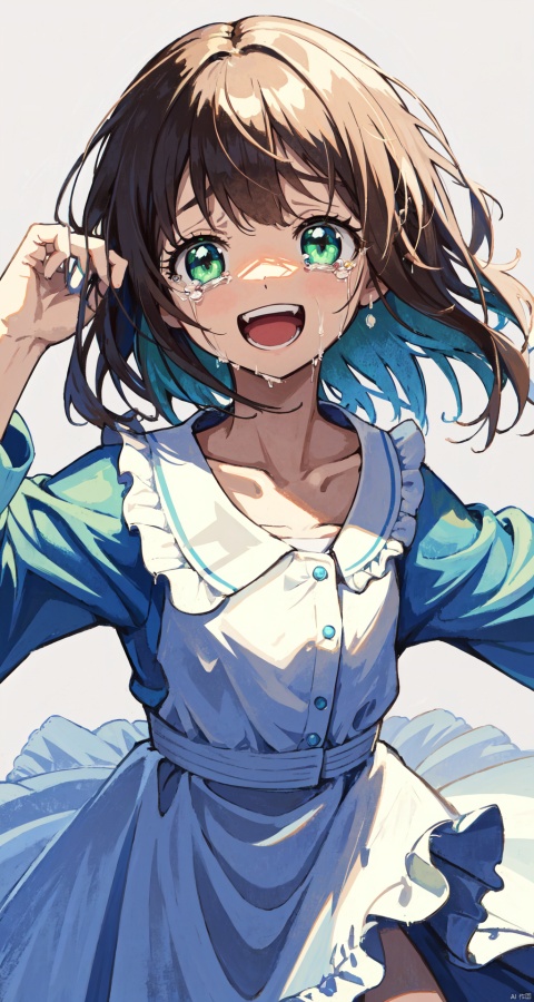 1girl, :d, braid, brown_hair, collarbone, crying, crying_with_eyes_open, dress, frills, green_eyes, holding, long_hair, looking_at_viewer, open_mouth, parted_bangs, smile, solo, tears, teeth, upper_teeth