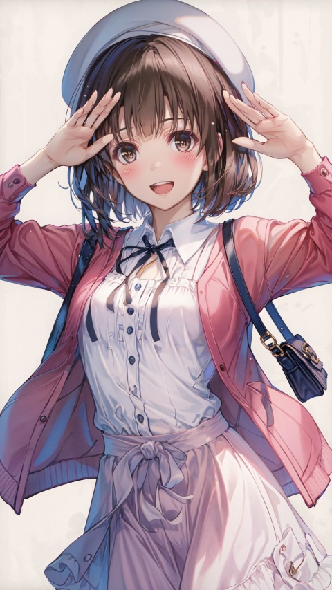  1girl, katou megumi, solo, bangs, hat, brown hair, open mouth, short hair, bag, looking at viewer, jacket, simple background, white headwear, blush, red jacket, salute, collarbone, white background, brown eyes, beret, open clothes, smile, dress, open jacket, ribbon, buttons, long sleeves, handbag, shoulder bag, bow, fingernails, arm up, neck ribbon, breasts, :d, medium breasts, teeth