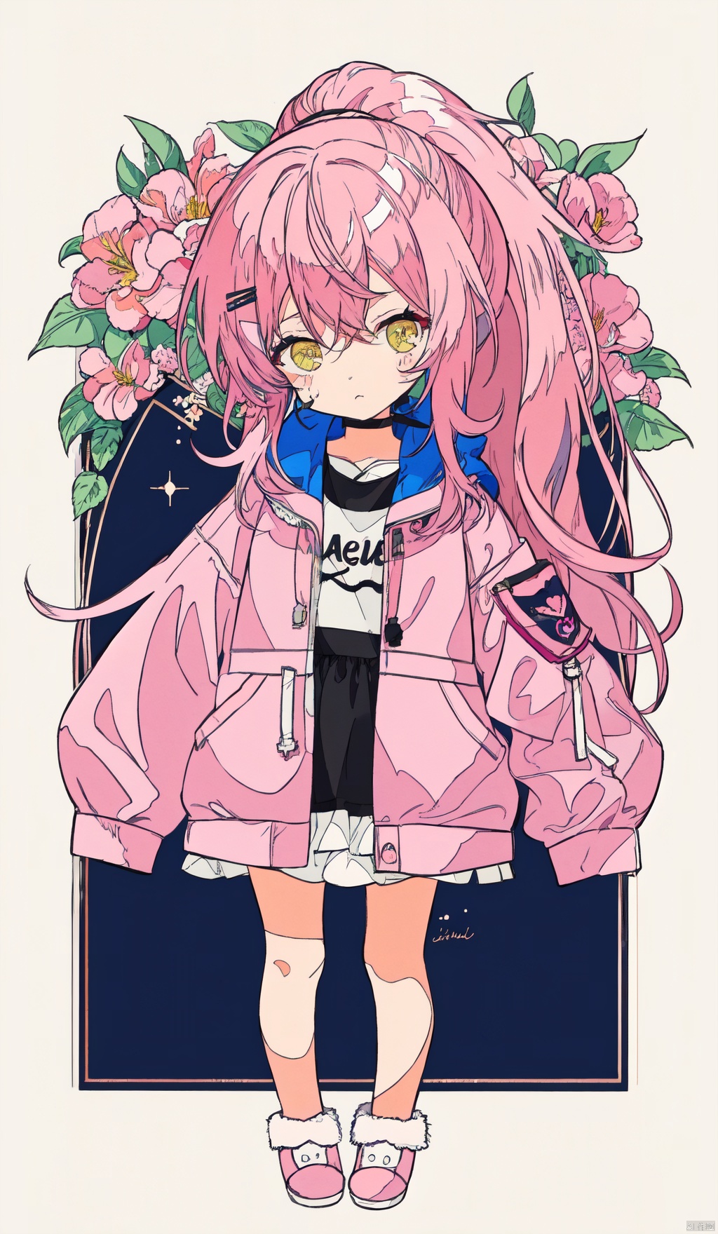  1petite loli, solo.pink hair, long pink hair, (yellow eyes),puffy sleeves,fur-trimmed jacket, hair flower, fipped hair, high ponytail, loose over_sized Casual T-shirt, white shirt, hoodie coat, bare legs, slippers;relaxed, one-eye_closed, adjusting hair, looking at viewer, standing., chibi