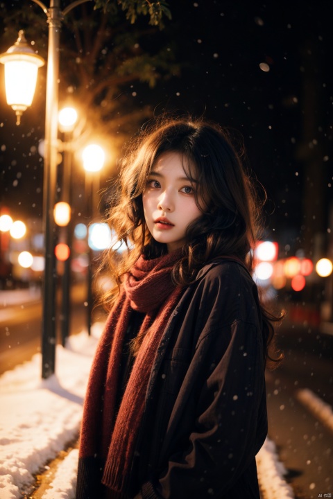 a girl,red wavy long curly hair, beautiful and detailed eyes, scarf, sweater, winter, snowing, standing under the street lamp, upper body, night, night, backlighting,kamisama, 1girl,moyou
