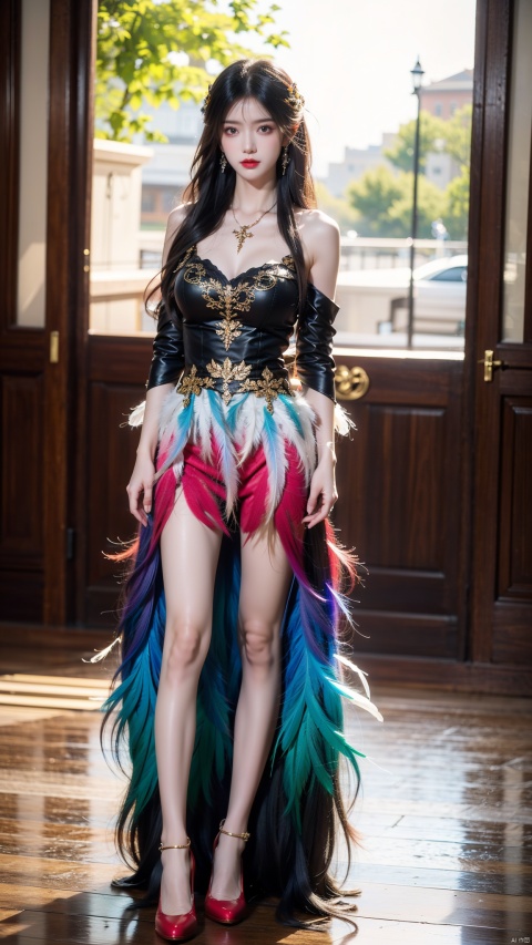  Beautiful woman, well shaped, ample feathers, rainbow colors, gradient colors, feather clothing, complex details, decorations, Baroque, extra long hair, colorful hair colors, wavy, full body, background blurring,(big breasts:1.2),