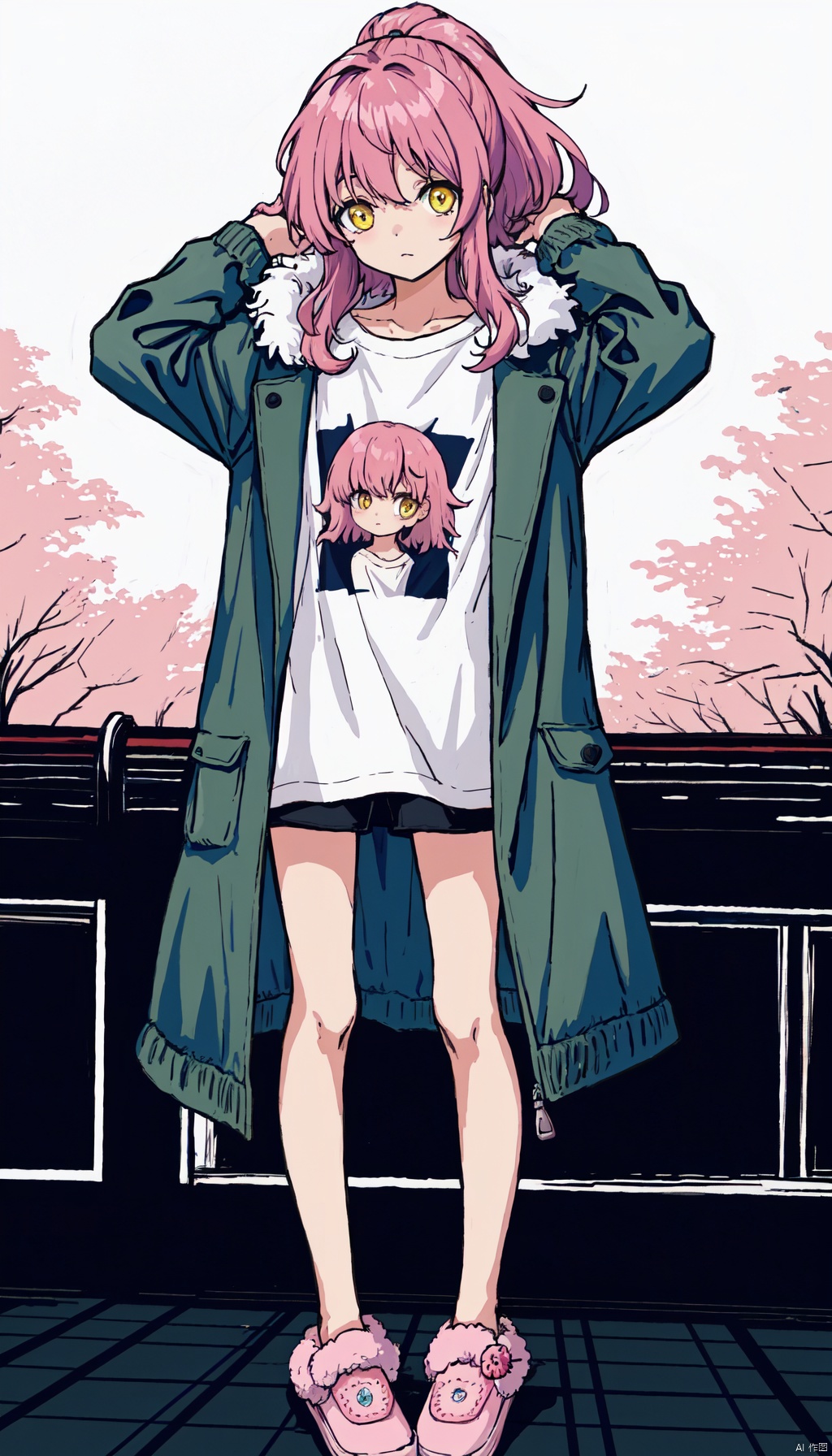  1petite loli, solo.pink hair, long pink hair, (yellow eyes), puffy sleeves, fur-trimmed jacket, hair flower, fipped hair, high ponytail, loose over_sized Casual T-shirt, white shirt, hoodie coat, bare legs, slippers;relaxed, one-eye_closed, adjusting hair, looking at viewer, standing.