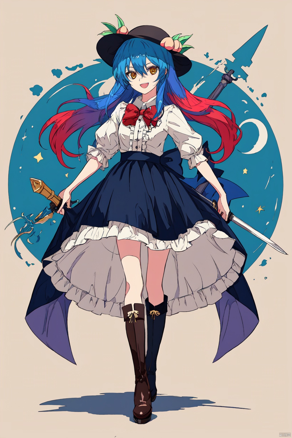  1girl, hinanawi_tenshi, solo, long_hair, looking_at_viewer, smile, open_mouth, bangs, skirt, shirt, red_eyes, hat, bow, holding, hair_between_eyes, blue_hair, standing, full_body, yellow_eyes, white_shirt, weapon, short_sleeves, boots, frills, food, puffy_sleeves, sword, bowtie, black_footwear, holding_weapon, red_bow, puffy_short_sleeves, blue_skirt, v-shaped_eyebrows, black_headwear, buttons, fruit, leaf, brown_footwear, holding_sword, knee_boots, frilled_skirt, red_bowtie, center_frills, space, peach, rainbow, planet, planted, earth_\(planet\), sword_of_hisou, rainbow_order, rainbow_gradient