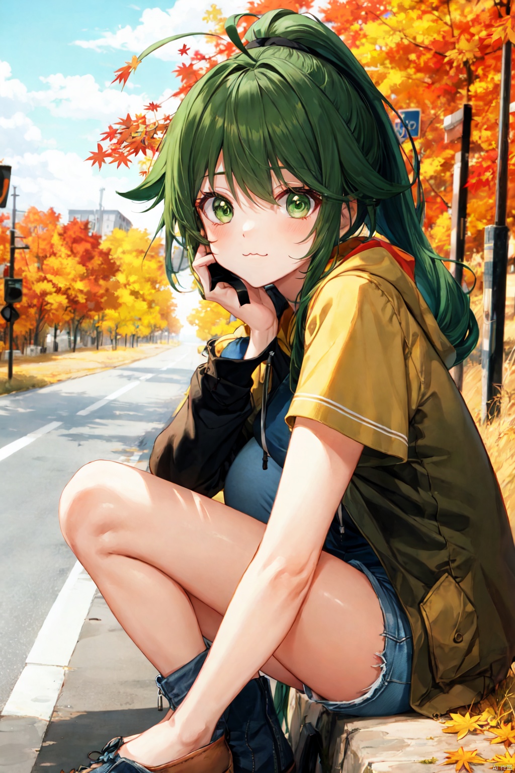  hooded coat, denim shorts, thighs, green hair, long hair, ponytail, green eyes, :3, road, cloud, in autumn,ahoge,head rest,medium breasts