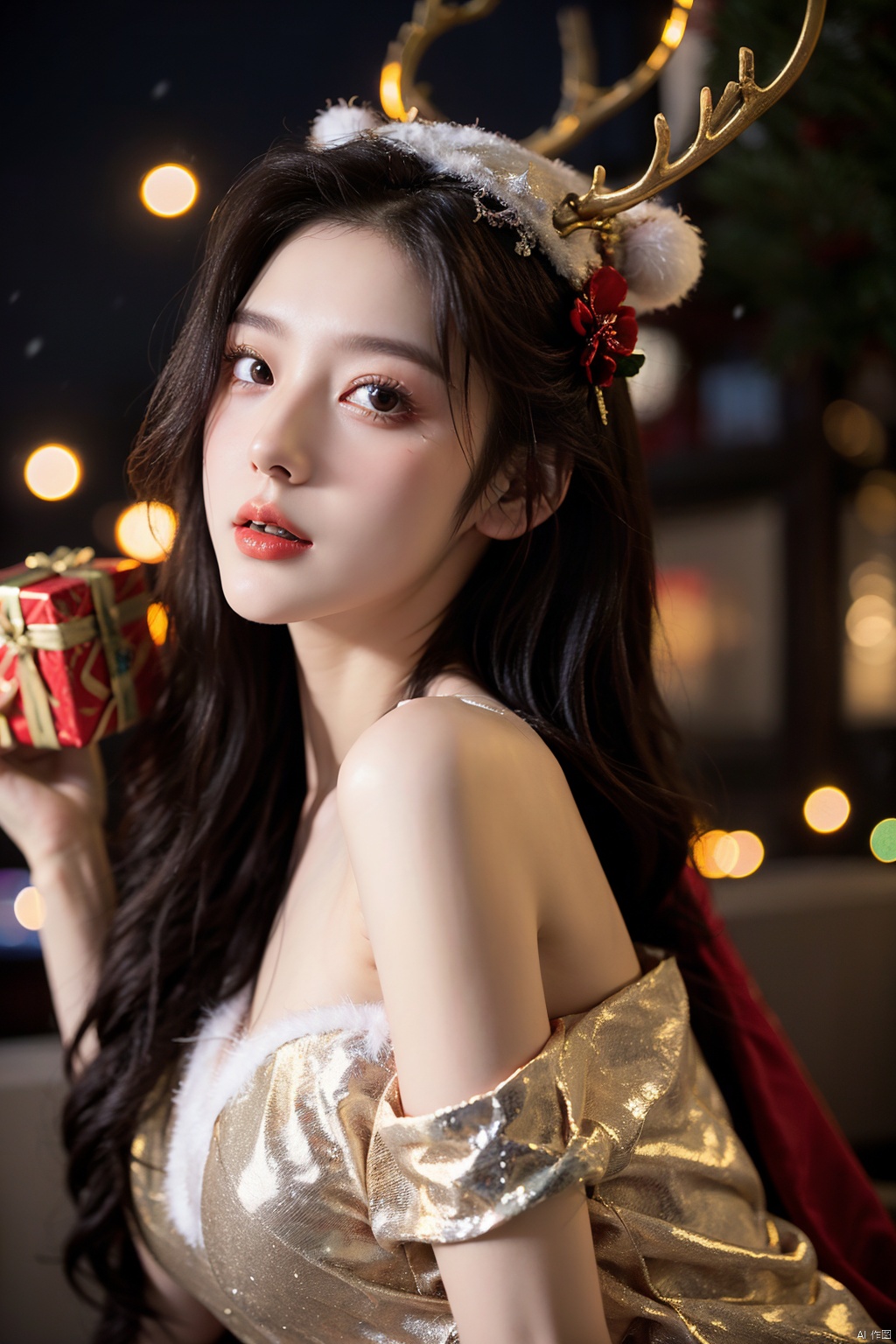  1girl,christmas,bare shoulders,antlers,(cowboy shot close-up),standing,exquisite eyes,outdoors,night,cityscape,snowing,elegant posture,,(an extremely delicate and beautiful),(best quality),((masterpiece)),intricate detail,(masterpiece, high quality, best quality),fireworks,