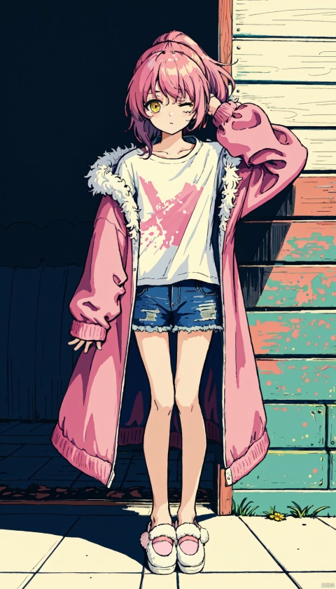  1petite loli, solo.pink hair, long pink hair, (yellow eyes), puffy sleeves, fur-trimmed jacket, hair flower, fipped hair, high ponytail, loose over_sized Casual T-shirt, white shirt, hoodie coat, bare legs, slippers;relaxed, one-eye_closed, adjusting hair, looking at viewer, standing.