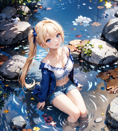  1girl,blonde hair,blue eyes,(very long twin tails,looking up),sharp hair,sitting,rocks,river,((reflection,night,star_(sky))),
stretch hand, (full body,mid shot,depth of field),(birds),(from above:1.2),dark_blue down coat,bare leg,shorts,(blurry background),backlight, xinniang, Chisato and Takina