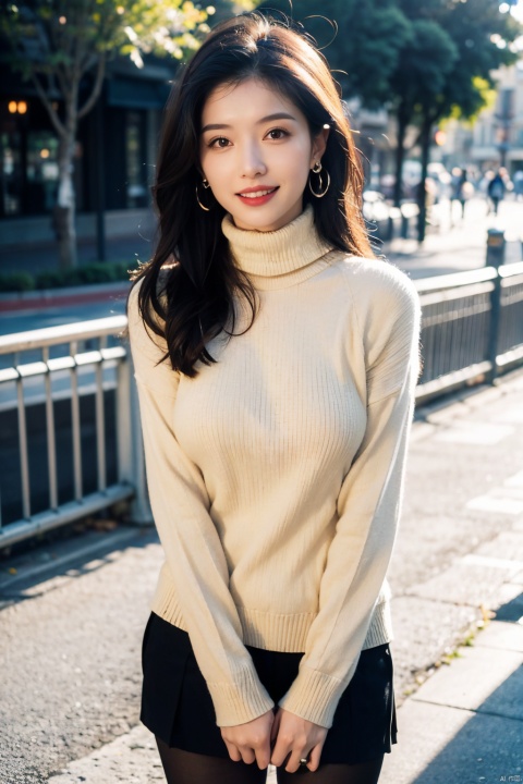  1girl, smiling,Realistic movie lighting,((yellow turtleneck sweater)),(skindentation),(skin tight))),ultradetailed,8K,detailed face,photorealistic,long hair,solo,fullbody,complex background, look at the viewer, detailedbackground,sweating details,realistic, fullbody,long legs,real,Lacrimal nevus,realism, Delicate glowing skin,masterpiece,bestquality,distant view,depth of field,dynamic perspective,Perfectly proportioned figure,Detailed skin description, black pantyhose,street,daytime,good weather, Disneyland in the background,JOJO pose,tall,((medium breasts:1.4)),