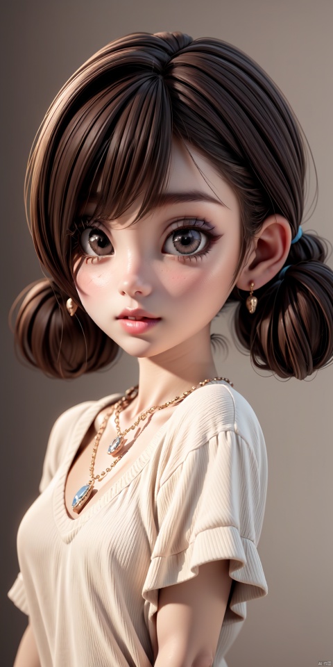  1girl, solo, looking at viewer, bangs, brown hair, black hair, hair ornament, twintails, jewelry, upper body, necklace, black eyes, lips, realistic, 3d stely