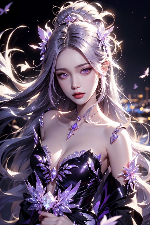  (aerial view,view of city),1girl flying in air,beautiful cute crystal girl in 26 years old, wearing crystal wear, the crystal is evil, Purple and light purple glowing crystal, Purple white crystal hair, the power is every wear, she is evil but cute, the crystal is evil and glowing Purple and light purple colors, detailed evil eyes,she has a serious expression and her lips are closed glowing crystal wear, (incredible details, cinematic ultra wide angle, depth of failed, hyper detailed, insane details, hyper realistic, high resolution, cinematic lighting, soft lighting, incredible quality, dynamic shot,,Hair with scenery,baiyueguangya,huliya,glint sparkle,1 girl, subway, 1girl,high_heels