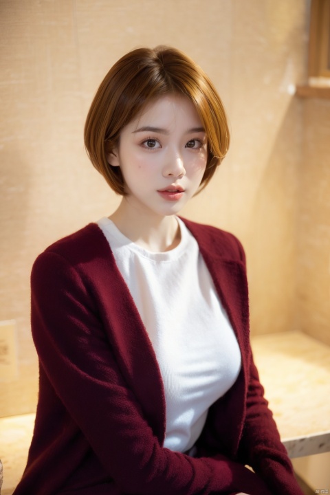  Girl, red wool coat, pretty face, short hair, blonde hair, (photo reality: 1.3) , Edge lighting, (high detail skin: 1.2) , 8K Ultra HD, high quality, high resolution, best ratio of four fingers and one thumb, (photo reality: 1.3) , wearing a red coat, white shirt inside, large breasts, solid color background, solid red background, advanced feeling, texture pull full, 1 girl, xiqing, hszt, xiaxue, dongji, 1girl,moyou