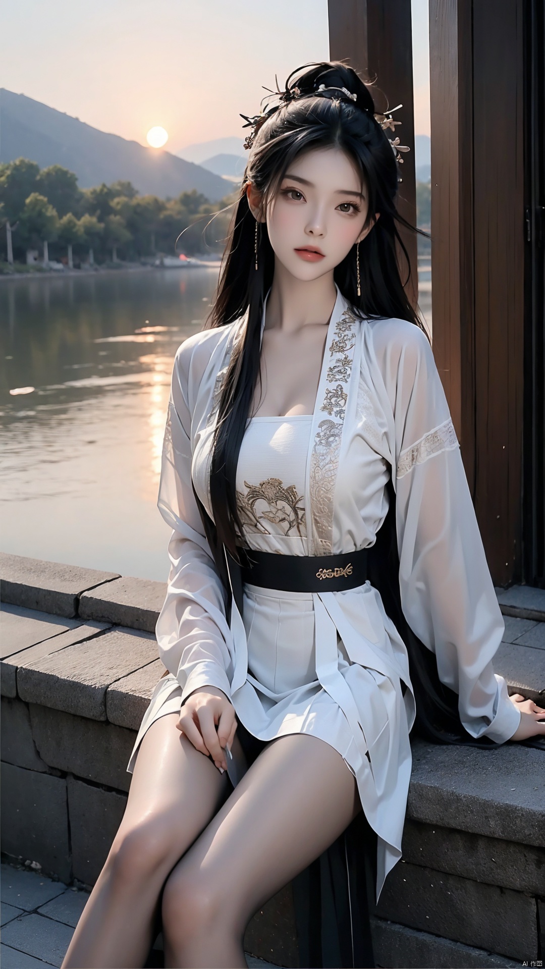  A girl with long black hair, white short-sleeved sailor suit, light short skirt, sunset, lake,highest quality, masterpiece, exquisite CG, highlights, natural light, hyperrealism, cinematic light texture,beautiful,beautiful body,beautiful eyes
, chang, black pantyhose