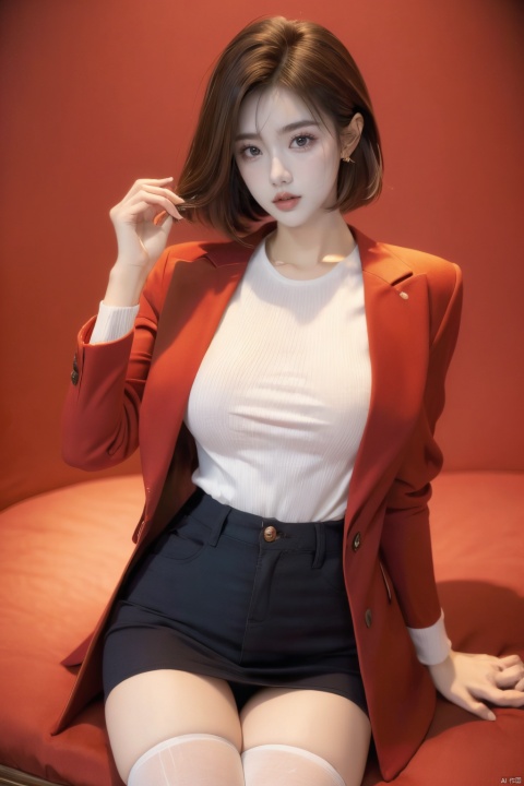  Girl, red wool coat, pretty face, short hair, blonde hair, (photo reality: 1.3) , Edge lighting, (high detail skin: 1.2) , 8K Ultra HD, high quality, high resolution, best ratio of four fingers and one thumb, (photo reality: 1.3) , wearing a red coat, white shirt inside, large breasts, solid color background, solid red background, advanced feeling, texture pull full, 1 girl, xiqing, hszt, xiaxue, dongji, 1girl,moyou, Black 8D glossy stockings
