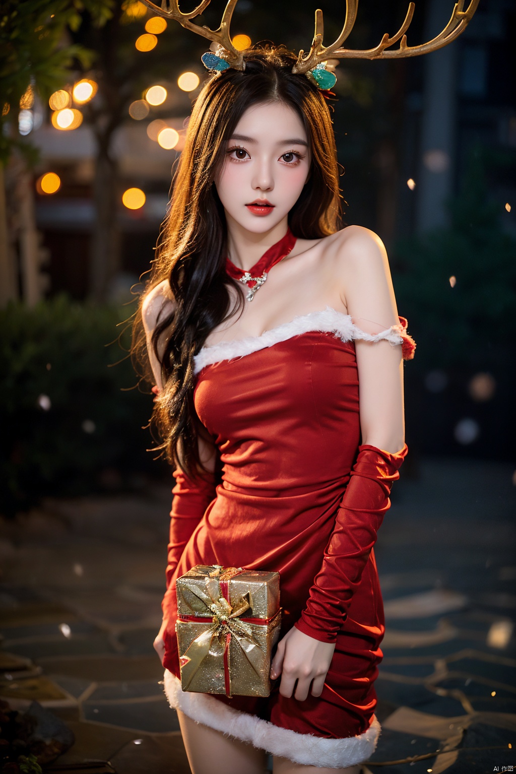  1girl,christmas,bare shoulders,antlers,(cowboy shot close-up),standing,exquisite eyes,outdoors,night,cityscape,snowing,elegant posture,,(an extremely delicate and beautiful),(best quality),((masterpiece)),intricate detail,(masterpiece, high quality, best quality),fireworks,