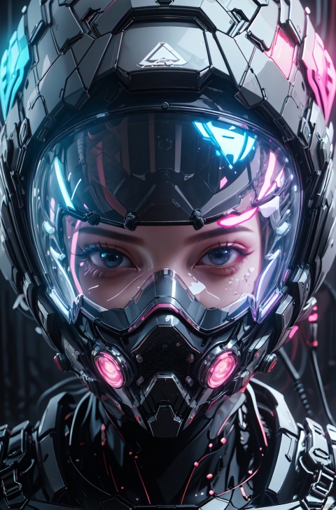  1 girl, head close-up, helmet, diving mask, prism baffle, clearer face, tactical helmet, cyberpunk LED embellishment, neon light pipeline, clear face, precise helmet details, 2.5D, glial skin, xingqiuyuanzheng1.0, Pink Mecha