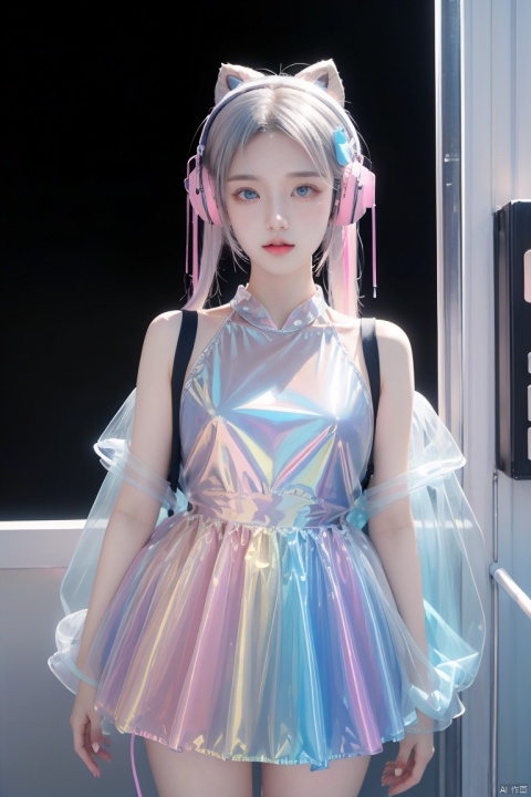 1girl, yunqing, linghua, caiyi, see-through, tutututu, asuka cosplay costume, kamisato ayaka \\(heytea\\), 1girl ponytail headgear headphones, formidable_default, kawaiitech