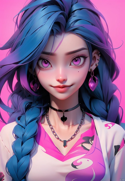 1girl, solo, long hair, looking at viewer, bangs, jewelry, closed mouth, blue hair, purple eyes, upper body, braid, earrings, choker, artist name, pink eyes, necklace, twin braids, collar, lips, tattoo, chain, black choker, piercing, ear piercing, asymmetrical bangs, jinx \(league of legends\)