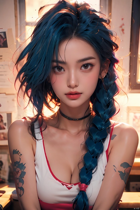  1girl, solo, long hair, breasts, looking at viewer, blush, bangs, red eyes, cleavage, bare shoulders, jewelry, medium breasts, closed mouth, blue hair, collarbone, upper body, braid, earrings, alternate costume, choker, artist name, indoors, pink eyes, twin braids, tattoo, black choker, piercing, ear piercing, asymmetrical bangs, arm tattoo, shoulder tattoo, jinx \(league of legends\), jinkesi1.5