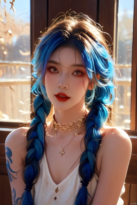 1girl, solo, long hair, looking at viewer, bangs, red eyes, bare shoulders, jewelry, blue hair, upper body, braid, parted lips, choker, indoors, necklace, twin braids, tattoo, red lips, photo background, jinx \(league of legends\), dundar, (\shen ming shao nv\), 1girl