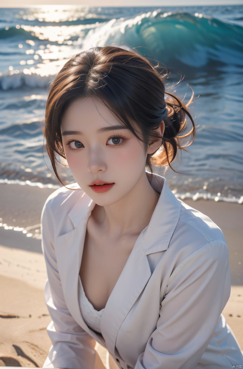 1girl, solo, looking at viewer, short hair, brown hair, long sleeves, closed mouth, standing, jacket, outdoors, day, water, lips, ocean, beach, realistic, waves, yunqing, dundar