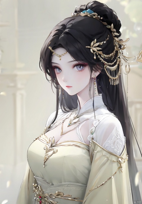  1girl, solo, long hair, looking at viewer, black hair, hair ornament, dress, jewelry, upper body, earrings, expressionless, yunqing