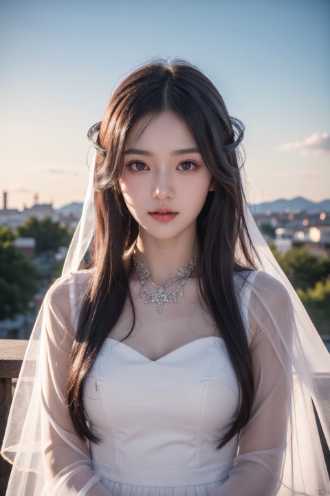  masterpiece, best quality, beautiful and aesthetic, upper body, portrait, looking at viewer, 1girl, solo, sh0rtj3w3lw3ddr3ss, very long hair, light purple hair, swept bangs, purple eyes, quinella, quinella_(SAO), short wedding dress, pantyhose, see-through, outdoors, sky view, scenery, glossy skin, shiny skin, beautiful face, beautiful eyes, yunqing