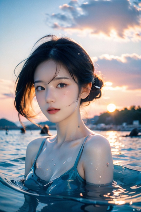 High quality, island travel, swimming, sea surface, partially clear, partially blurry, 8k
A girl 
Distant island, sunset, glow, wide-angle, autofocus, suitable for white balance, cool tone, from near to far,