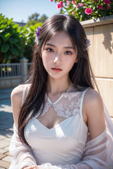  masterpiece, best quality, beautiful and aesthetic, upper body, portrait, looking at viewer, 1girl, solo, sh0rtj3w3lw3ddr3ss, very long hair, light purple hair, swept bangs, purple eyes, quinella, quinella_(SAO), short wedding dress, pantyhose, see-through, outdoors, sky view, scenery, glossy skin, shiny skin, beautiful face, beautiful eyes, yunqing,dutefenwei1.0