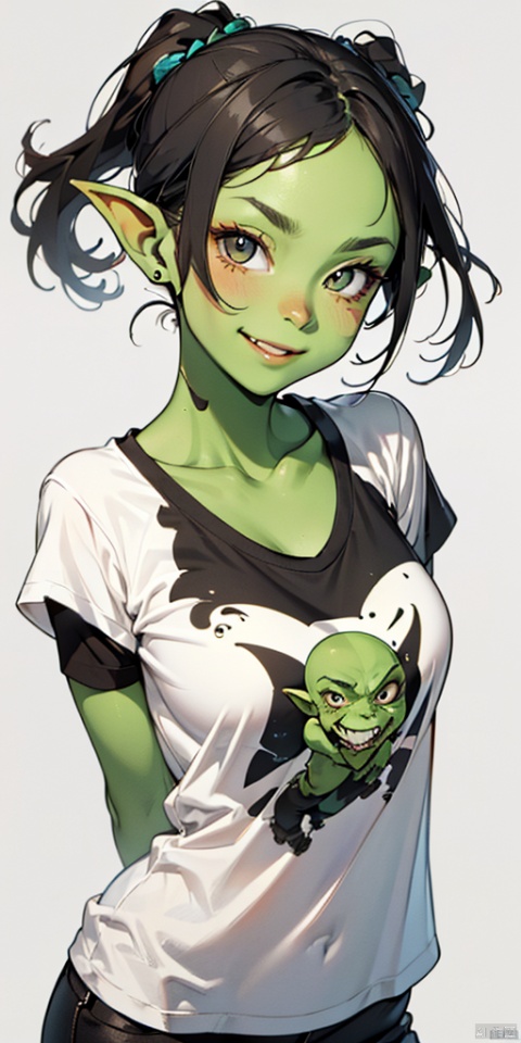  1 goblin (female), medium breasts, T-shirt, green skin, delicate face, cheerful, goblin (female)1.0